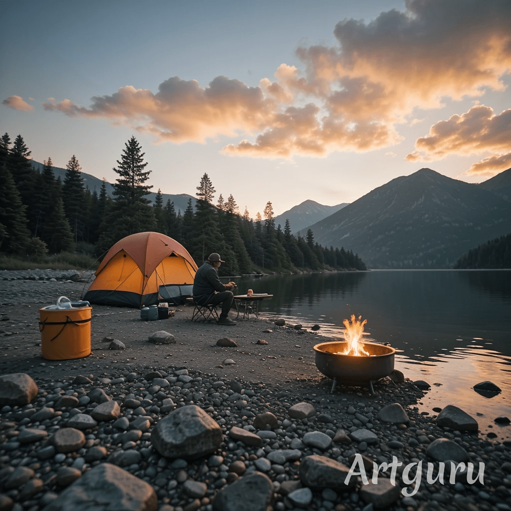 Bergsee-Zelt-Lagerfeuer-Mann angelt