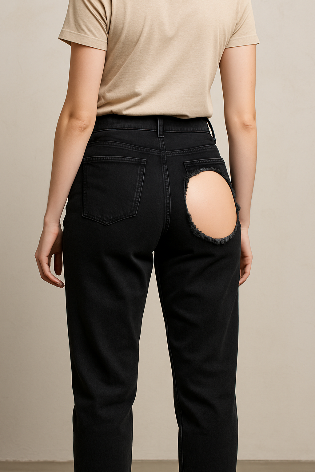 schwarze Hose mit Loch auf der rechten Pobacke