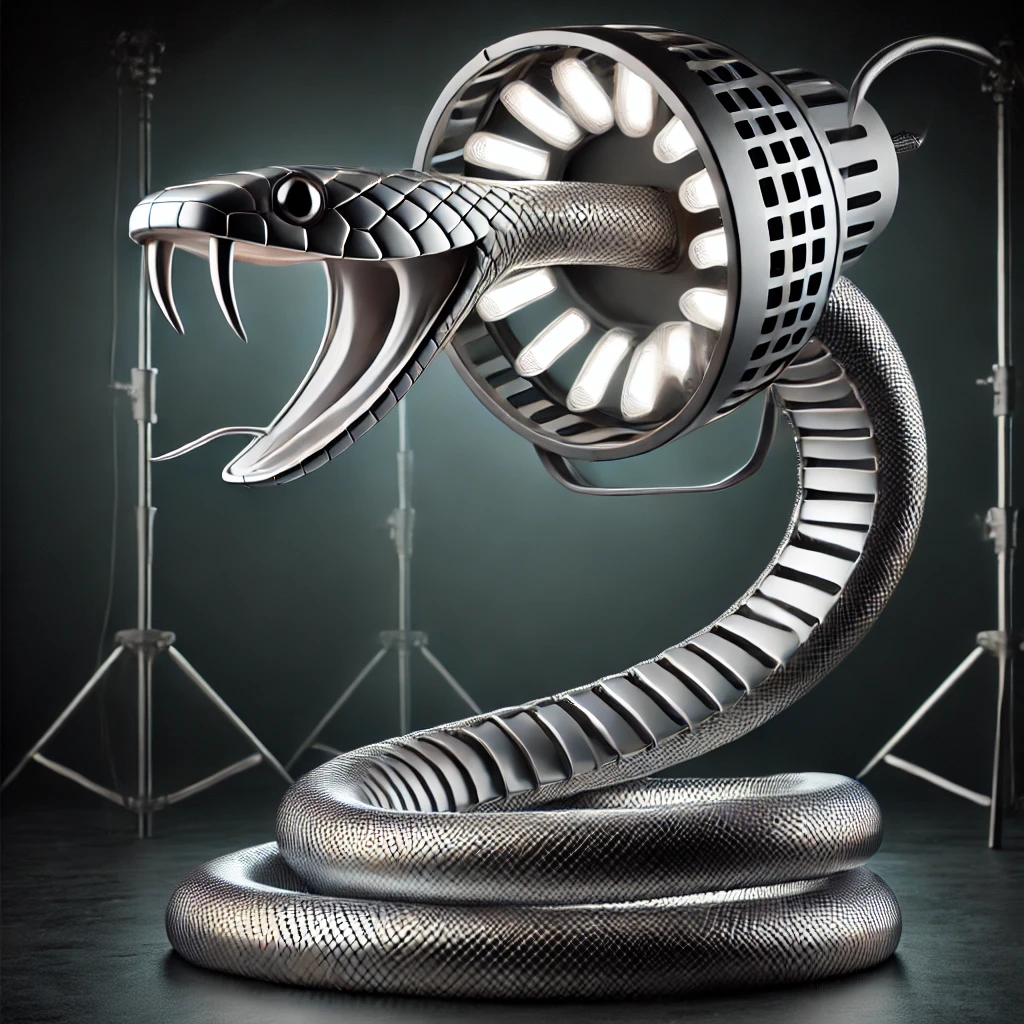 Schlangenförmige Designerlampe mit leuchtendem Maul in Studio-Inszenierung